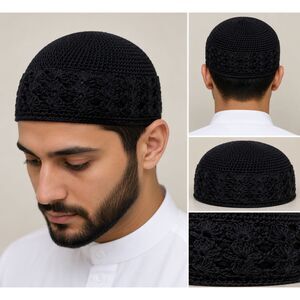 Handmade Black Crochet Kufi Prayer Cap | Muslim Taqiyah Skull Cap | One Size